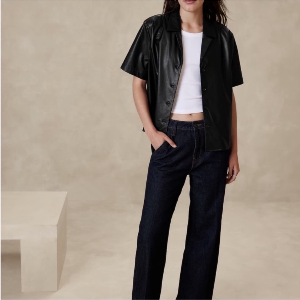 Banana Republic Vegan Leather Short Sleeve Button Down Shirt
